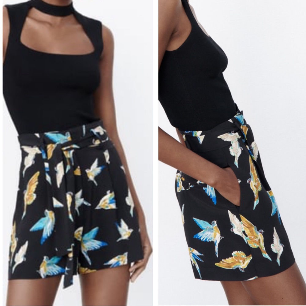 ZARA HUMMINGBIRD HIGH RISE PAPER BAG TIE WAIST SHORTS SMALL